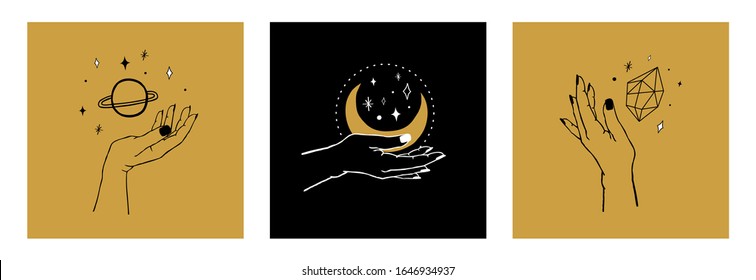 Conjunto vectorial de cartas de manos femeninas que sostienen el planeta, la luna, las estrellas y el cristal. Estilo de tatuaje de boho lineal y minimalista para logotipo, emblema, estampado, adhesivo, cuidado de la piel, marca cosmética