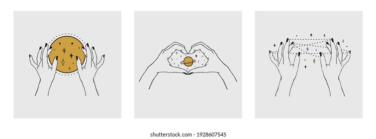 Vector set of cards of women's hands holding planet, moon, stars. Trendy linear and minimal boho tattoo style for logo, emblem, fashion print, sticker, skin care, cosmetics branding
