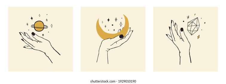 Juego de vectores de cartas de las manos de las mujeres con planeta, luna, estrellas. Estilo de tatuaje de boho lineal y mínimo a la moda para logotipo, emblema, huella de moda, pegatina, cuidado de la piel, marca cosmética