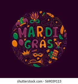 Vector set of carnival elements and lettering made in circle. Mardi Gras hand drawn background.