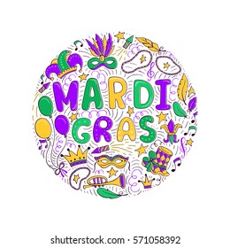 Vector set of carnival elements and lettering made in circle. Mardi Gras hand drawn background.