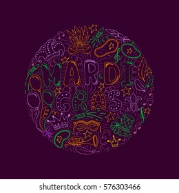 Vector set of carnival elements and lettering made in circle. Mardi Gras hand drawn background.