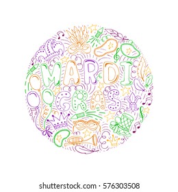 Vector set of carnival elements and lettering made in circle. Mardi Gras hand drawn background.