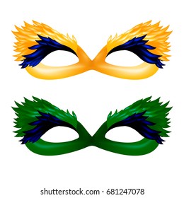 Vector set of carnival face masks with feathers, isolated on white background.