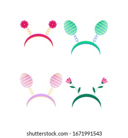 Vektorillustration-Set von Karneval Hoop auf dem Kopf. Cartoon-Kopfband mit Ostereiern und Blumen einzeln auf weißem Hintergrund. Kostümattribut.