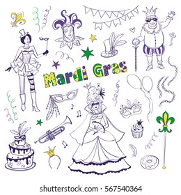 Vector set of Carnival Mardi Gras. Sketches on a white background. 