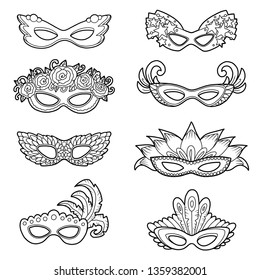 Vector Set Of Carnival Masks, Black And White Collection Of Cartoon Accessories