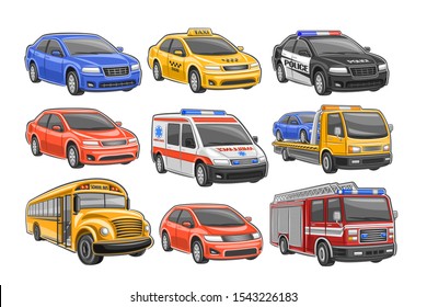 Vector set of Cars, 9 illustration of cut out city vehicles on white background, taxi cab, police car, ambulance van with blue lights, municipal tow truck, school bus and red fire engine with ladder.