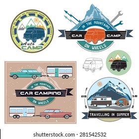 Vector set of cars and camping to stay. Vector elements:the machine, camp, camping, mountains, forest, summer. Hand drawing objects are isolated on white.