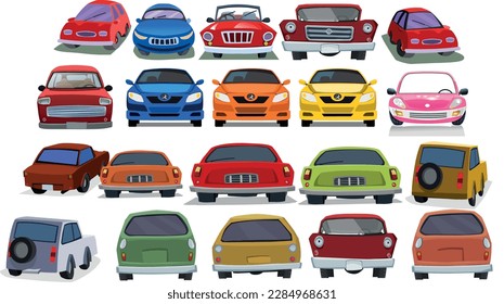 Vector set cars front and rear view. Sedan Vehicle. Eco-friendly hi-tech auto. Template vector isolated on white View front and rear view.