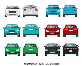Vector set cars front and rear view. Sedan Vehicle. Eco-friendly hi-tech auto. Template vector isolated on white View front and rear view.