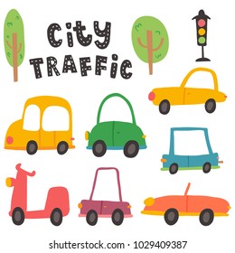 vector set of cars icons, isolated background, hand lettering text