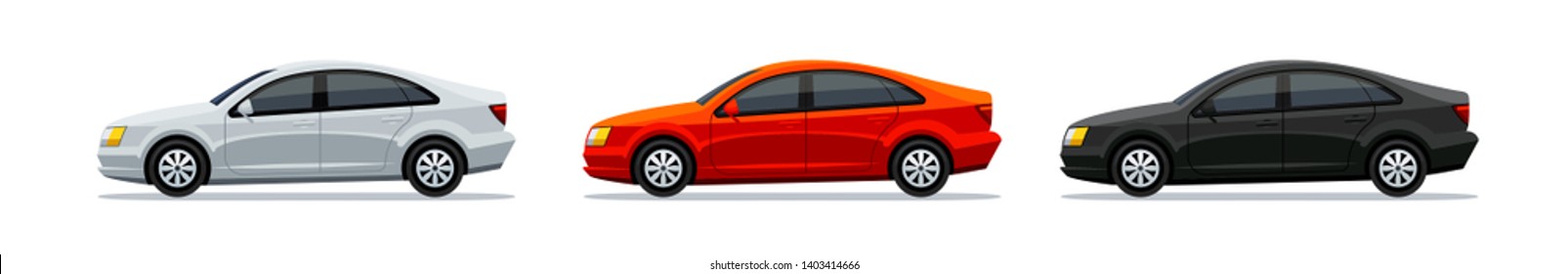 Vector set of cars Isolated on white background. Sedan side view. White, red and black cars. The design concept for parking, traffic, and others. Illustration.