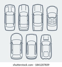 Vector Set of Cars in Outline Style, Top View