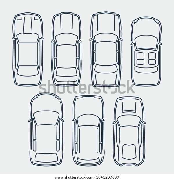 Vector Set of Cars\
in Outline Style, Top\
View