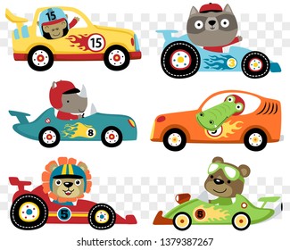 Vector set of cars race cartoon with funny racer