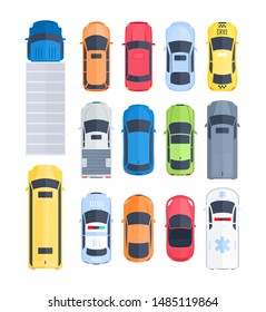 Vector set of cars top view in cartoon flat style. City vehicle transport icons. Trucks, sedan, hatchback, police, ambulance cars. Street city traffic and transport elements. Automobile transportation