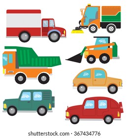 Vector set with cars,van,dumper,loader,cleaner on a white background