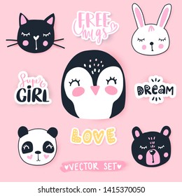 Vector set with cartoon animals - bear, panda, bunny, penguin, cat and cute phrases. Funny animals series. Hand drawn stickers.