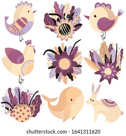 Vector set with cartoon animals- bunny, chicken, sparrow, whale, birds and bouquet of flowers. Funny animals series. Hand drawn stickers. Illustration. Print 