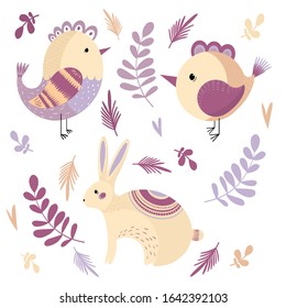 Vector set with cartoon animals- bunny, chicken, sparrow, birds. Funny animals series. Hand drawn stickers. Illustration. Print