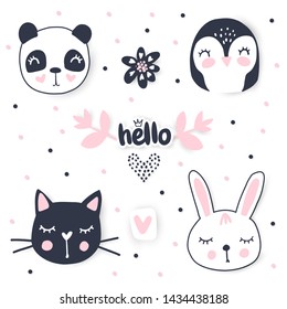 Vector set with cartoon animals - cute panda, bunny, penguin, cat. Funny animals series. Hand drawn stickers. Patches, pins, badges isolated