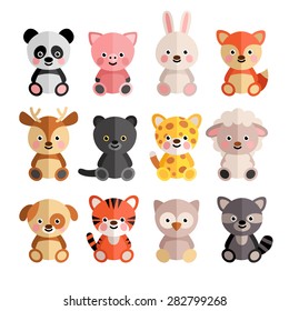 Vector set of cartoon animals in the flat style. Hare, jaguar, tiger, pig, puppy, raccoon, panda and others.