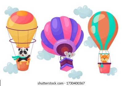 Vector set of cartoon animals flying on air balloons. Cute character design of balloons in the clouds. Vector illustration on white isolated background.
