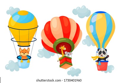 Vector set of cartoon animals flying on air balloons. Cute character design of balloons in the clouds. Vector illustration on white isolated background.