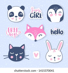 Vector set with cartoon animals - fox, panda, bunny, penguin, cat and cute phrases. Funny animals series. Hand drawn stickers.