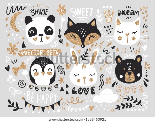 Vector set with cartoon\
animals - fox, bear, panda, bunny, penguin, cat, cute phrases and\
elements. Funny animals series with golden glitter. Hand drawn\
stickers.