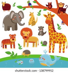 Vector set of cartoon animals - funny and cute characters - tiger, lion, giraffe, elephant, raccoon