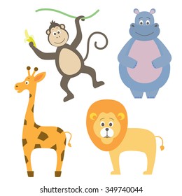 vector set of cartoon animals: giraffe, hippo, lion and monkey