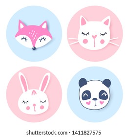 Vector set with cartoon animals - panda, bunny, cat, fox. Funny series animals. Adorable animals. Bright stickers collection. Cute Patches, pins, badges