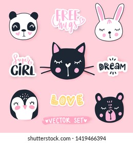 Vector set with cartoon animals - panda, penguin, cat, bear, bunny. Adorable animals and inscriptions. Bright stickers collection. Cute Patches, pins, badges