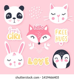 Vector set with cartoon animals - panda, penguin, cat, fox, bunny. Adorable animals and inscriptions. Bright stickers collection. Cute Patches, pins, badges