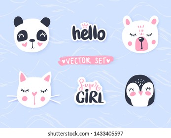 Vector set with cartoon animals - panda, cat, bear, penguin. Adorable animals and inscriptions. Bright stickers collection. Cute Patches, pins, badges