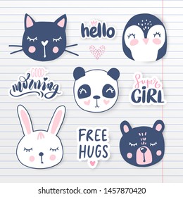 Vector set with cartoon animals - panda, penguin, cat, bunny, teddy bear. Adorable animals and inscriptions. Bright stickers collection. Cute Patches, pins, badges