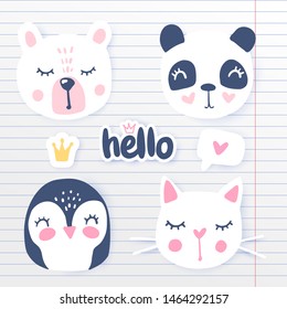 Vector set with cartoon animals - panda, penguin, cat, teddy bear. Adorable animals and inscriptions. Bright stickers collection. Cute Patches, pins, badges