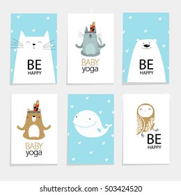 vector set with cartoon animals posters "be happy." Cat, bear, whale, night owl. Children's yoga.