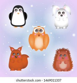 Vector set of cartoon animals for printing, textile, web-design. Animal collection with penguin, hedgehog, squirrel, owl, rabbit on bright background with sparkles 