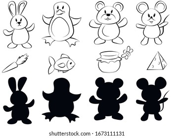 Vector set of cartoon animals with their shadows. Set for children play. Animals, things and shadows.