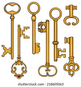 Vector Set Of Cartoon Antique Keys. Type Of Antique Keys.