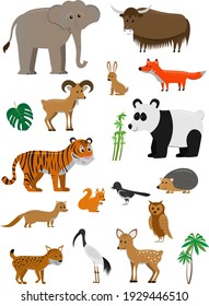 vector set of cartoon asian animals isolated on white background, illustration for kids