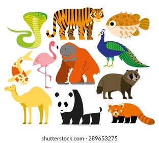 Vector Set Of Cartoon Asian Animals Isolated