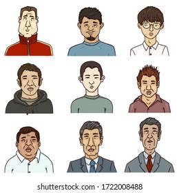 Vector Set of Cartoon Asian Characters. Men Faces.