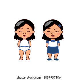 Vector set. Cartoon Asian school girls: a girl wearing underwear and a girl wearing school form. Colorful hand drawn illustration.