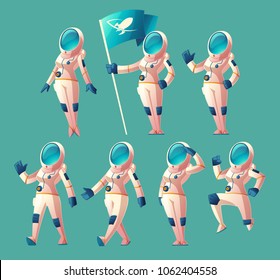 Vector set with cartoon astronaut girl in spacesuit and helmet, in different poses, holding flag, waving hand, walking, running. Clipart with cute women cosmonaut characters, space explorer or pilot