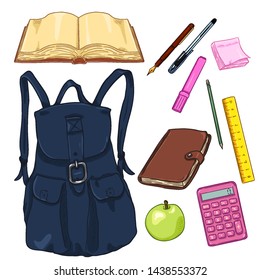 Vector Set of Cartoon Backpack and School Supplies. Books and Stationery.