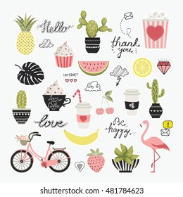 Vector set of Cartoon badges, cute  stickers. Patch or fashion pin badges, calligraphy. Hello, love, be happy, thank you